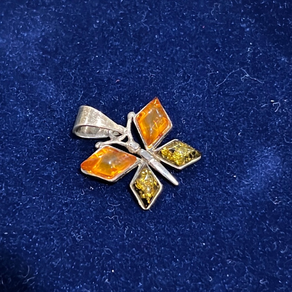 Two-color Amber Butterfly 925 silver Pendant for a necklace (no chain).